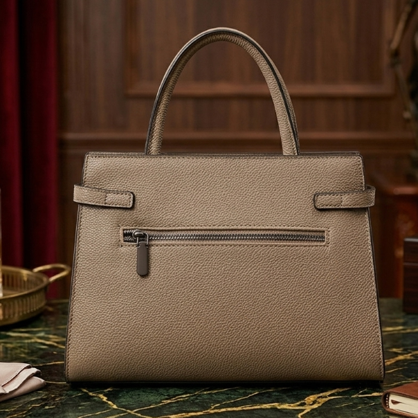Brown leather handbag with a zipper on a marble surface with a wooden background
