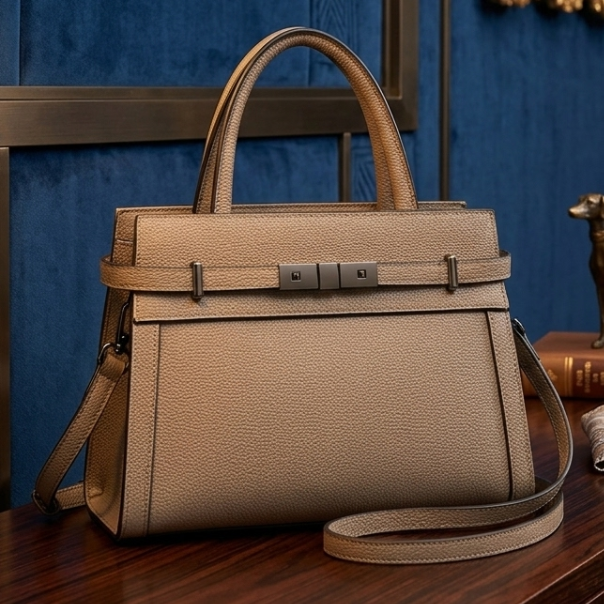 Beige handbag with a strap on a wooden surface against a blue wall.