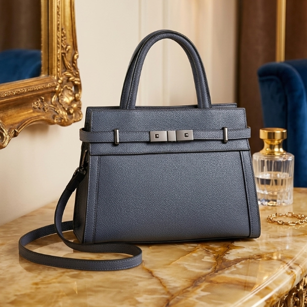 Blue handbag on a marble surface with a decorative mirror and perfume bottle in the background