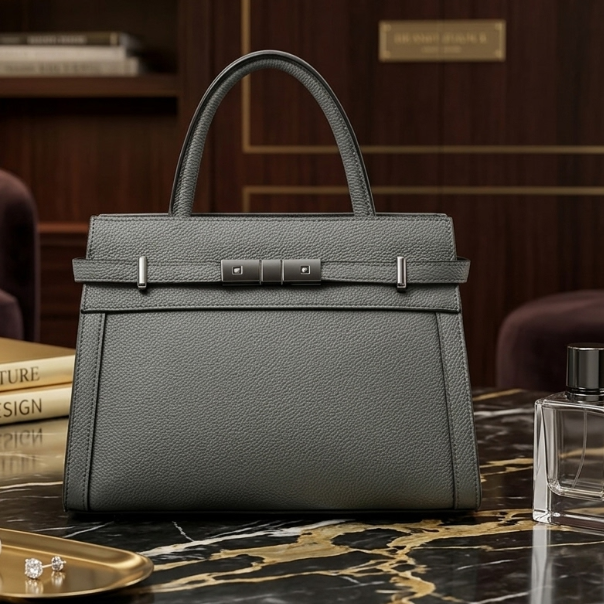 Gray handbag on a marble surface with books and a bottle in the background