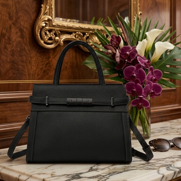 Black handbag on a marble surface with flowers and sunglasses in the background