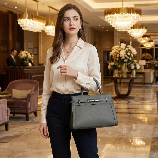 Woman holding a gray handbag in a luxurious lobby