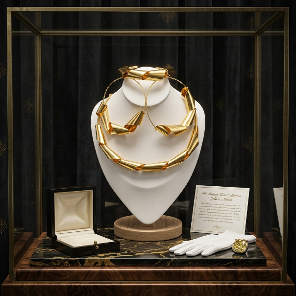 Gold necklace on a white stand with a dark background