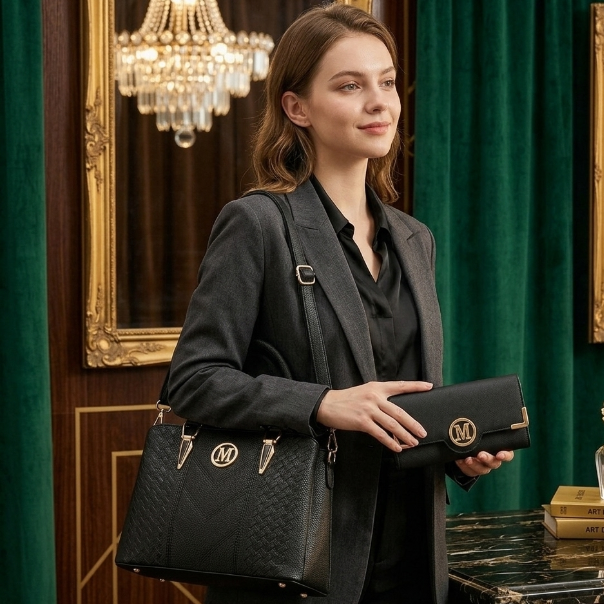 Woman holding a black handbag and clutch in an elegant interior setting with green curtains and a chandelier.