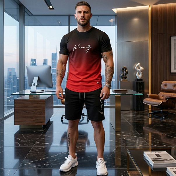 Man wearing a red and black t-shirt with 'King' printed on it in an office setting.