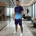 Man wearing a blue and purple outfit with tattoos in an office setting