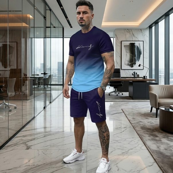 Man wearing a blue and purple outfit with tattoos in an office setting