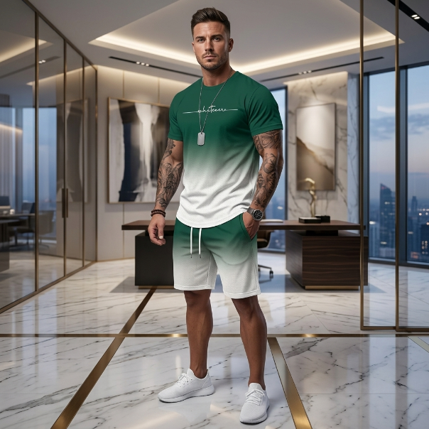 Man in a green and white outfit standing in a modern office with large windows.