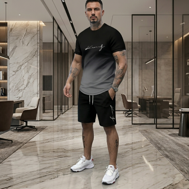 Man in black t-shirt and shorts standing in a modern office hallway