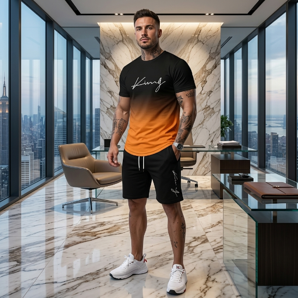 Man wearing a black and orange gradient t-shirt in a modern office setting with cityscape view.