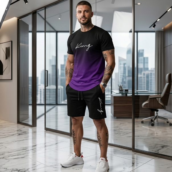 Man wearing a black and purple t-shirt with text, black shorts, and white sneakers in an office setting.
