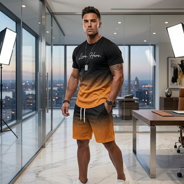 Man in a stylish outfit standing in a modern office with cityscape view