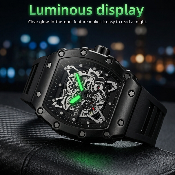 Black wristwatch with luminous display on a dark background
