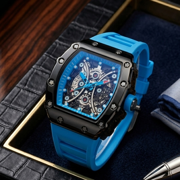 Blue watch with a detailed mechanism on a textured surface