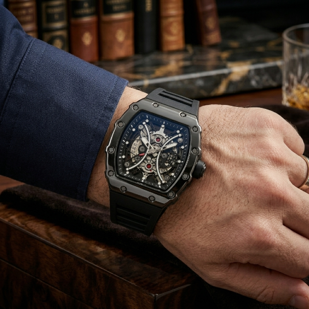 Close-up of a person's wrist wearing a black mechanical watch with a blurred background of books and a glass.