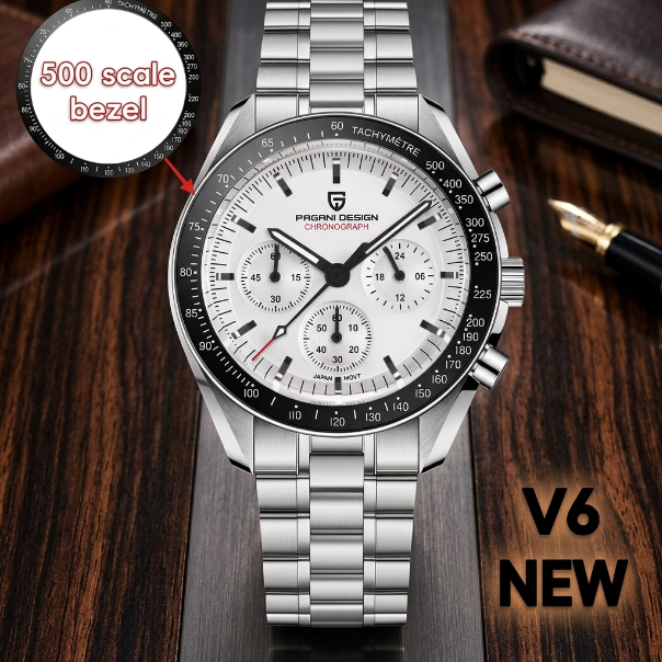 Silver watch with white face on a wooden surface, featuring 'V6 NEW' text.