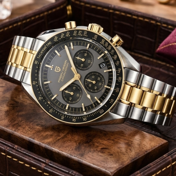 Luxury watch with silver and gold band on a wooden surface