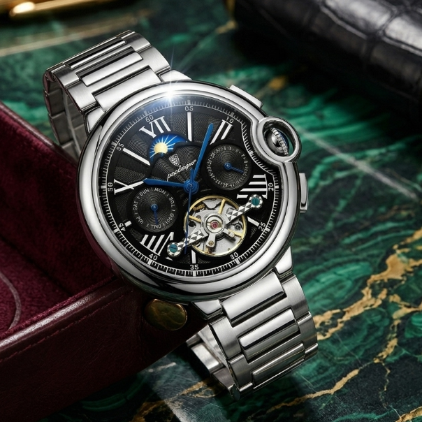 Silver wristwatch with a detailed face on a green marble surface