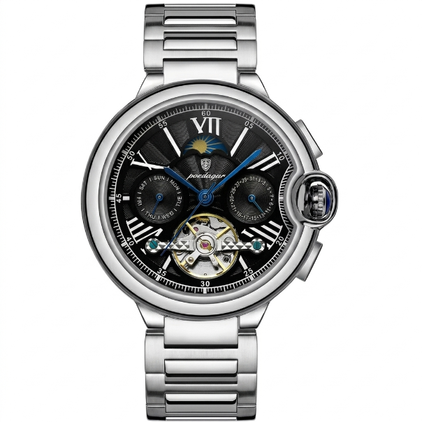 Silver watch with a black face on a white background