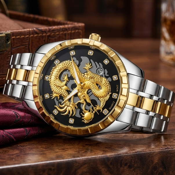 A luxury two-tone stainless steel and gold wristwatch with a black dial featuring a 3D gold dragon motif, resting on a dark wooden surface next to a red silk necktie.