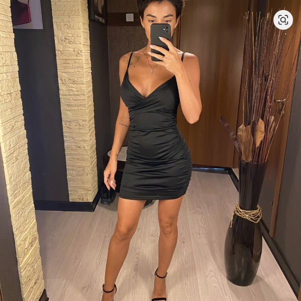 Luna Ruched Satin Mini Dress – lifestyle shot