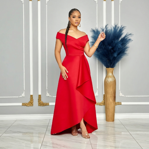 Aurelia Off-Shoulder High-Low Evening Gown – detail view