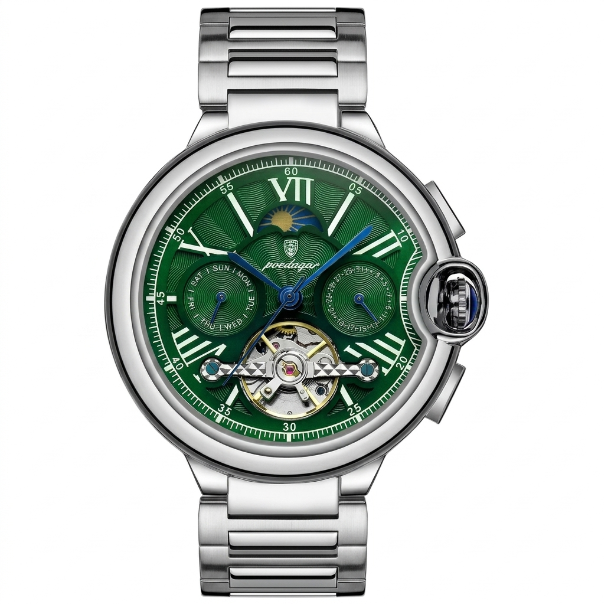 Luxury watch with green face and silver metal strap on white background