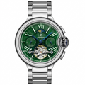 Luxury watch with green face and silver metal strap on white background