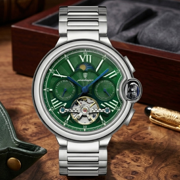 Silver watch with a green face on a wooden surface