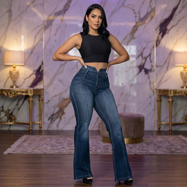 Aphrodite High-Waist Vintage Flared Jeans in Classic Blue – front view, high-rise flared denim

