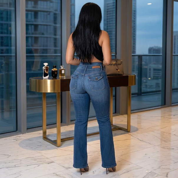Aphrodite High-Waist Vintage Flared Jeans in Classic Blue – side view showing flared leg


