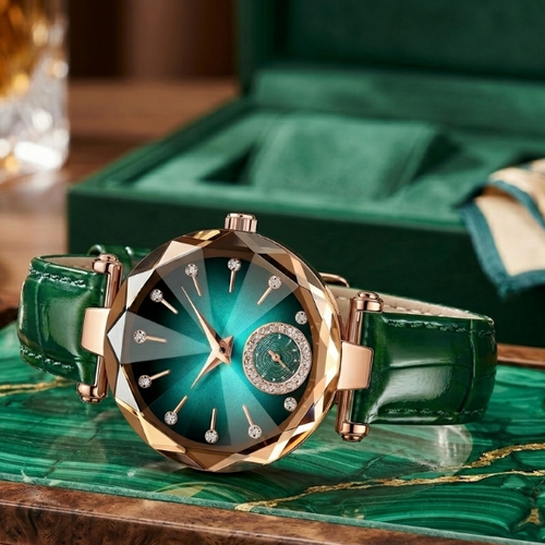 Luxury watch with green strap and rose gold case on a green surface