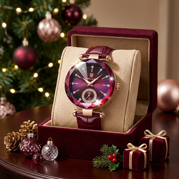 Luxury watch in a red box with Christmas decorations in the background