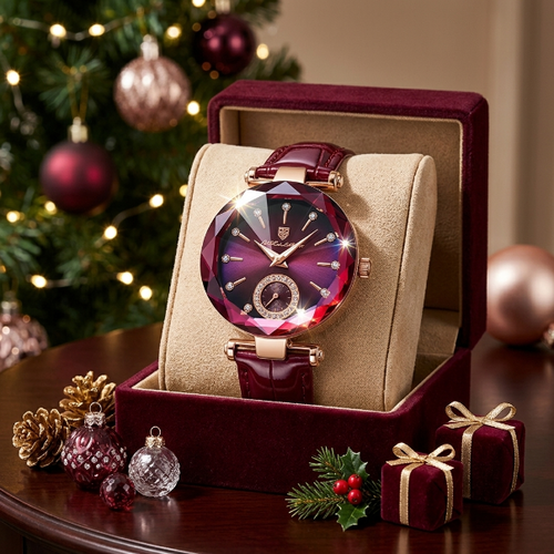 Luxury watch in a red box with Christmas decorations in the background