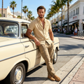 Resort Linen-Blend Short Sleeve Shirt in Beige – front view, relaxed fit, breathable linen-cotton blend