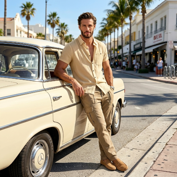 Resort Linen-Blend Short Sleeve Shirt in Beige – front view, relaxed fit, breathable linen-cotton blend