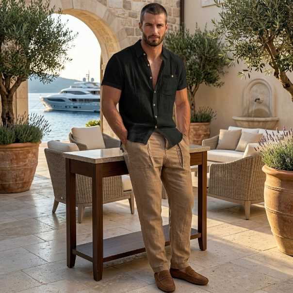 Resort Linen-Blend Short Sleeve Shirt in Black – front view, relaxed fit, breathable linen-cotton blend

