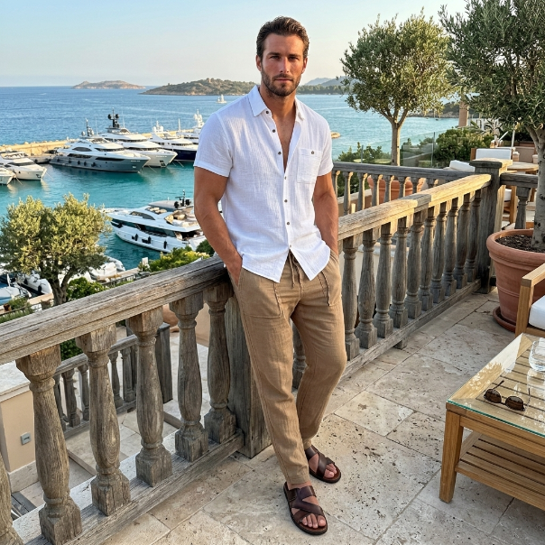 Resort Linen-Blend Short Sleeve Shirt in White – front view, relaxed fit, breathable linen-cotton blend


