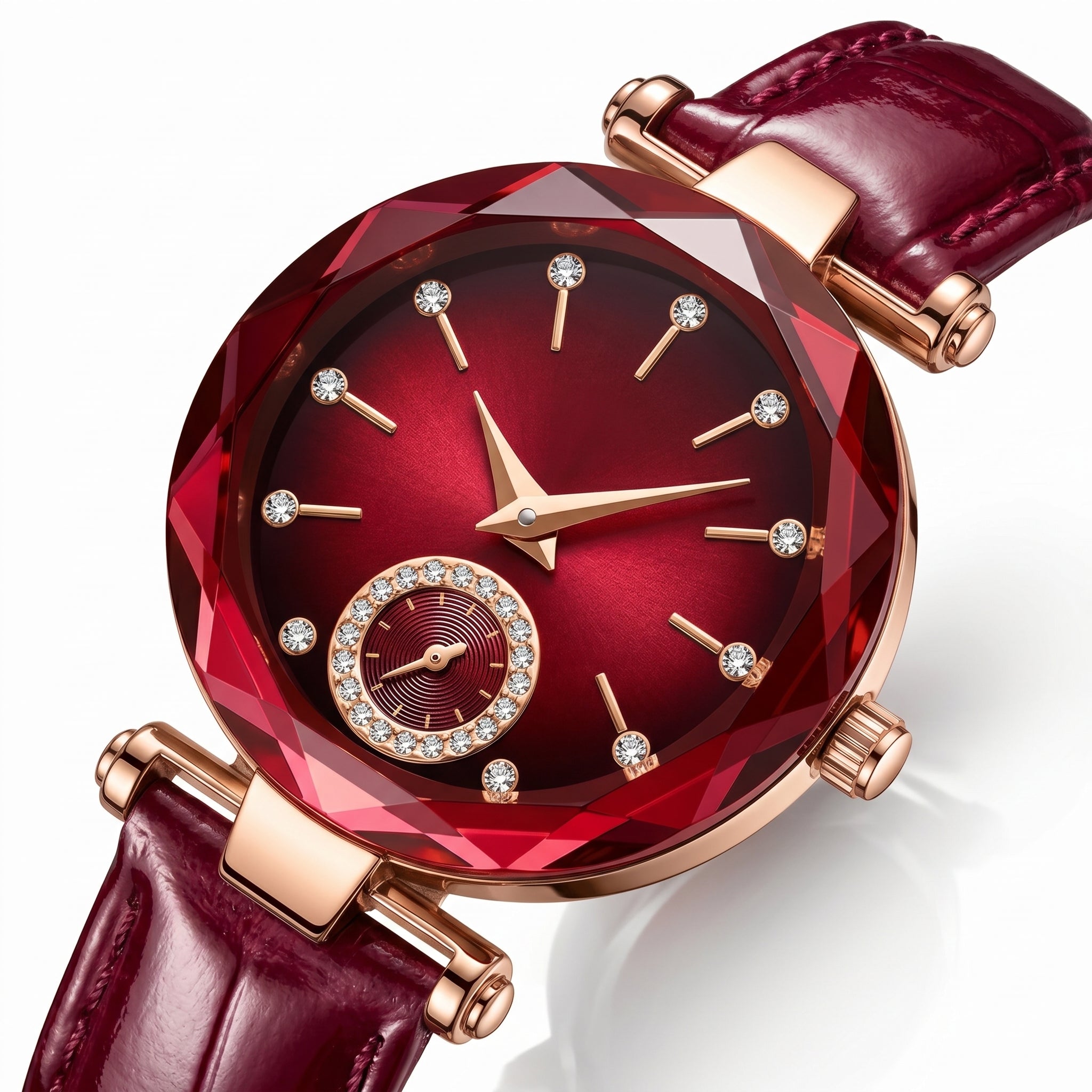 Luxury watch with red gemstone face and maroon leather strap on a white background