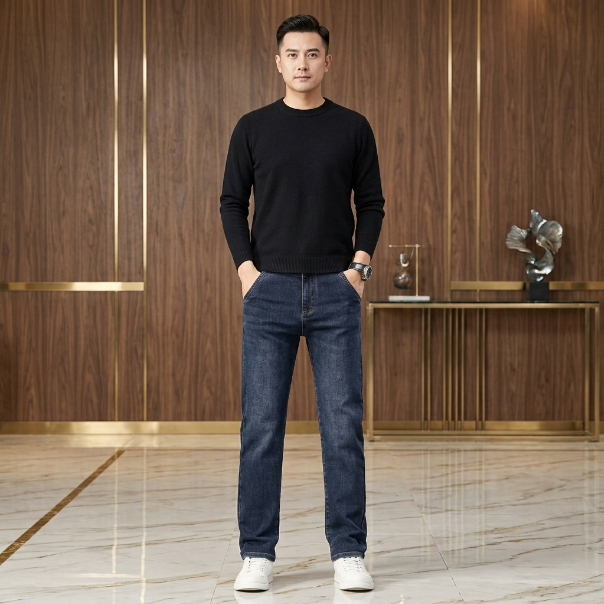 Kairos Relaxed Straight-Leg Jeans in Blue – side view, relaxed straight-leg drape

