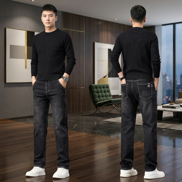 Kairos Relaxed Straight-Leg Jeans in Black Grey – front view, mid-rise straight fit
