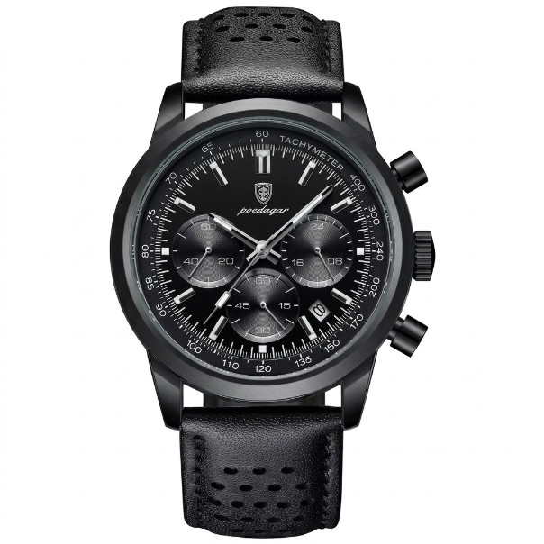Black watch with detailed face on a white background