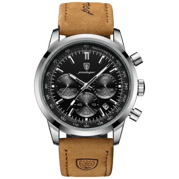Wristwatch with brown leather strap and black dial on a white background