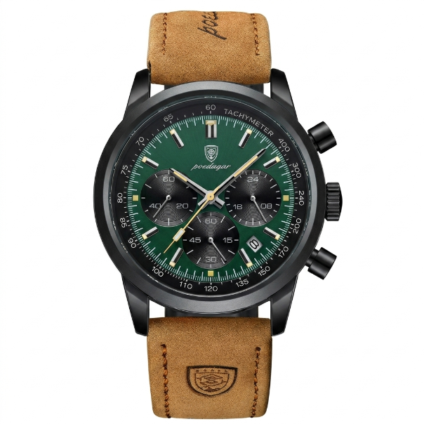 Watch with green dial and brown leather strap on a white background