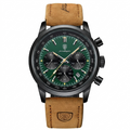 Watch with green dial and brown leather strap on a white background